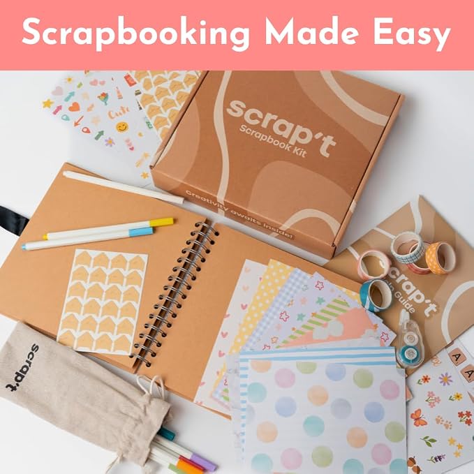 Scrapbook Kit - 80 Page Photo Album DIY Scrapbook - Holds 300+ Photos, with Metallic Pens, 150+ Stickers, Glue Pen, Washi Tapes, Backing Paper, Photo Corner Stickers (Starter Kit - 8 x 8 Inch, Kraft)