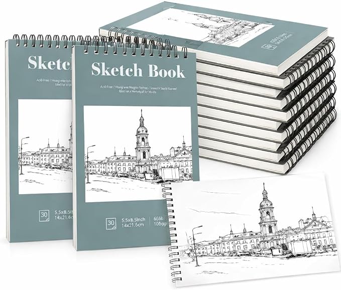 12 Pack Sketch Books 5.5 × 8.5 in, Top Spiral, 30 Sheets, Acid Free | 100gsm Paper, Dry Media Friendly, Acid-Free Paper, Portable Size, Flat-Lay Spiral Design