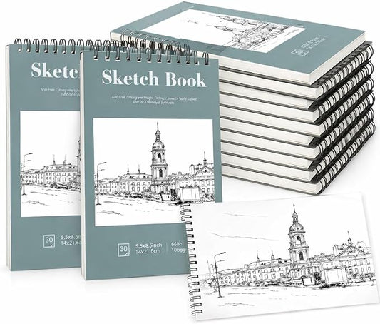 12 Pack Sketch Books 5.5 × 8.5 in, Top Spiral, 30 Sheets, Acid Free | 100gsm Paper, Dry Media Friendly, Acid-Free Paper, Portable Size, Flat-Lay Spiral Design