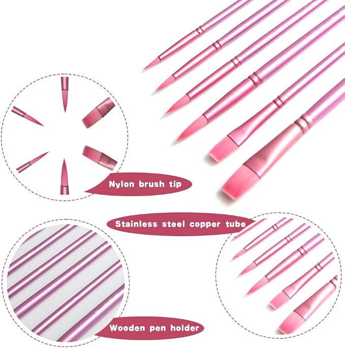 Acrylic Paint Brush Set, 6 pcs Watercolor Brushes, Painting Brush Nylon Hair Brushes for All Purpose Oil Watercolor Painting Beginner Kits (6, Pink)