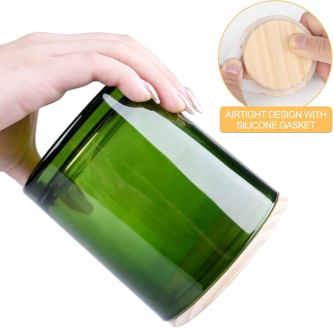 SHOWIN 14 OZ Thick Candle Jars for Making Candles 12 Pcs, 3 Wick Empty Jars with Wood Lids for Candle Making, Sample Container,Clear Green