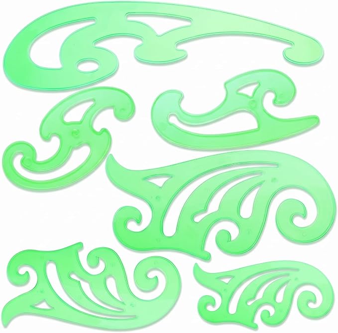 TecUnite 6 Pcs French Curve Ruler Set, Clear Green Plastic Curve Templates for Drawing, Drafting, Sewing Pattern Making, Fashion Design and Art Craft Projects