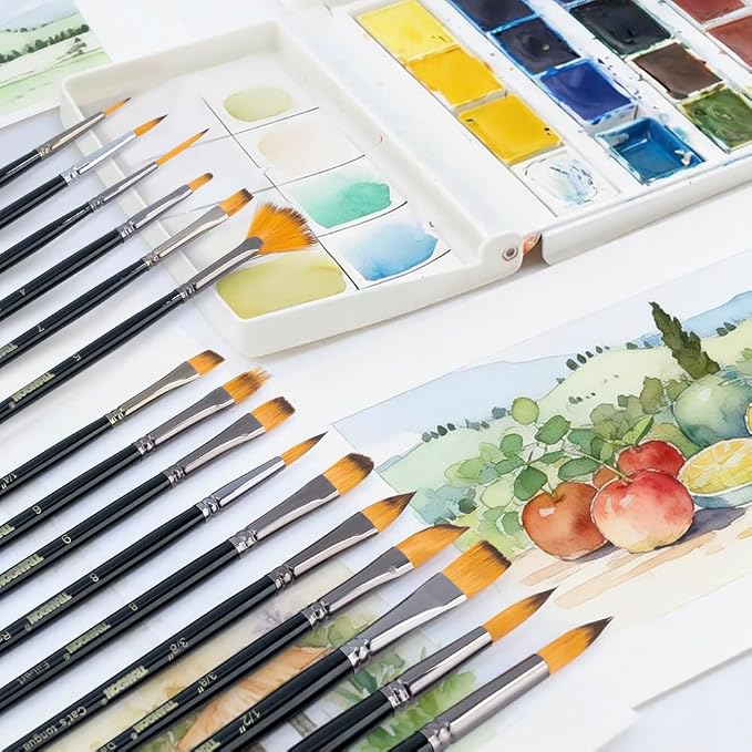 Transon 16 pcs Artist Paint Brush Set Versatile for Acrylic Painting Watercolor Painting Gouache Painting Black Color