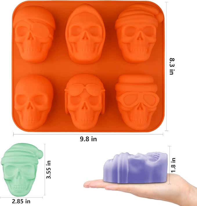 Moukiweek 3D Skull Soap Silicone Mold 2-piece Set Halloween Chocolate Mold Ice Cube Trays Molds Suitable for Cookery Cake Baking and DIY Resin Craft
