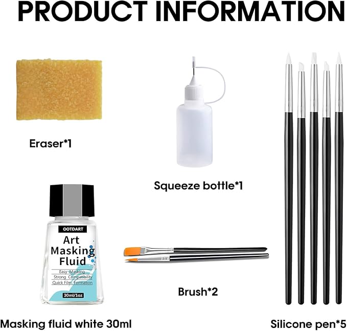 Watercolor Masking Fluid, Liquid Masking for Painting Watercolor Accessories with Silicone Pen Cleaning Brush Retouching and Covering for Painting and Various Art Projects Supplies,White (30ml)