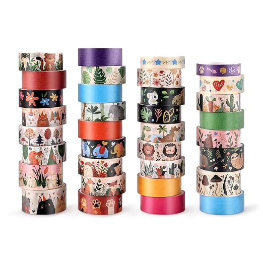icceemee 36 Rolls Animal Theme Washi Tape Set, Colorful Cute Adorable Animals Writable Decorative Tapes for Scrapbooking, Junk Journal Supplies, Bullet Journaling, 0.6"x79" per Roll
