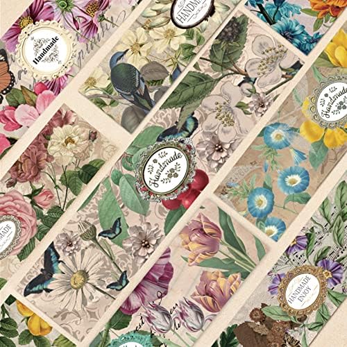 PH PandaHall 90pcs Vintage Flower Wrapper Tape, 9 Styles Handmade Crafts Band Label Paper Tape Wrap Label Tape Vertical Tag Sleeves Covers for Handmade Soap Lotion Bar Bath Gift Wrapping 8.2x1.9 inch