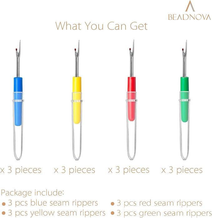 BEADNOVA Thread Cutter 12pcs Embroidery Removal Tool Small Seam Ripper Tag Remover for Clothes Thread Removing Cutting (4 Colors)