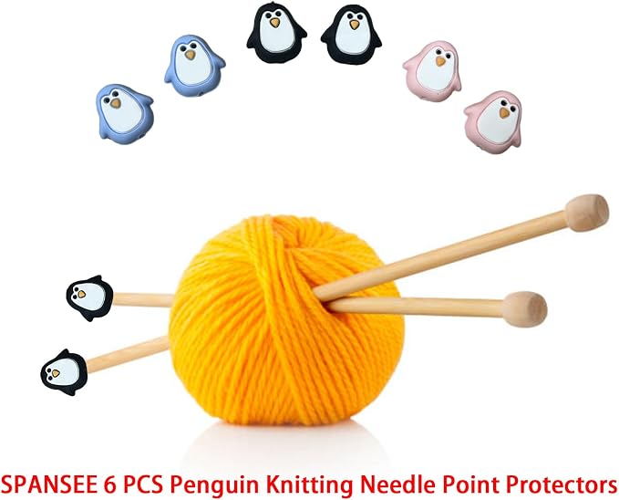 SPANSEE 6 PCS Penguin Knitting Needle Point Protectors, Knitting Needle End Caps, Stitch Stoppers for Knitting Needles, Knitting Accessories fit Size 2.5-13 (3mm-9mm) Needles