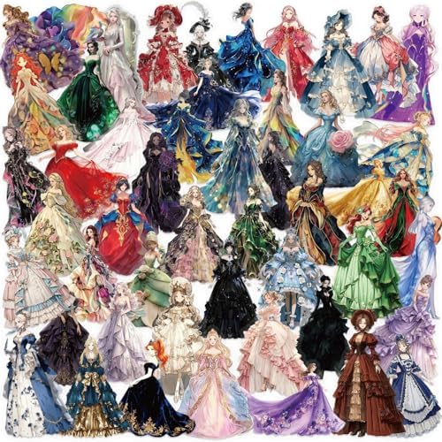 50 Pcs PET Transparent Princess Gown Stickers, Waterproof Vinyl Elegant Dress Decals for Laptop Skateboard Luggage, Colorful Ball Gown Stickers Gift for Kids Teens Adults(Princess)