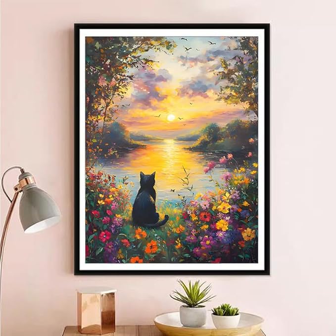 GEWOUVIN Black Cat Diamond Art Kits for Adults, Flower Diamond Painting Kit for Beginners, Round 5D DIY Dimond Art,Full Drill Painting Kit Art and Crafts for Adults Home Wall Decor【11.8x15.7inch】