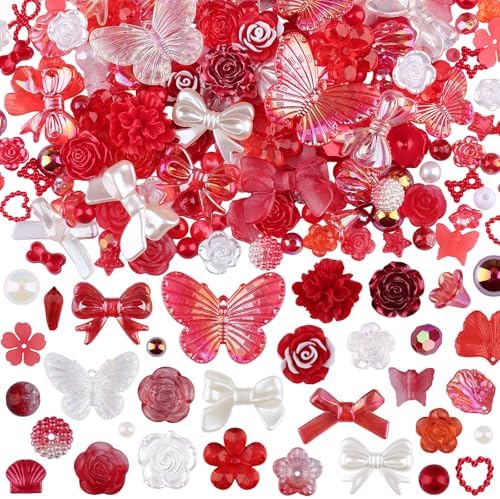 350 Pieces 3D Resin ABS Colorful Rose Flower Bows Butterfly Charms with Flatback Half Round Pearl Beads for Bracelet Earring Necklace Craft DIY Making Supplies