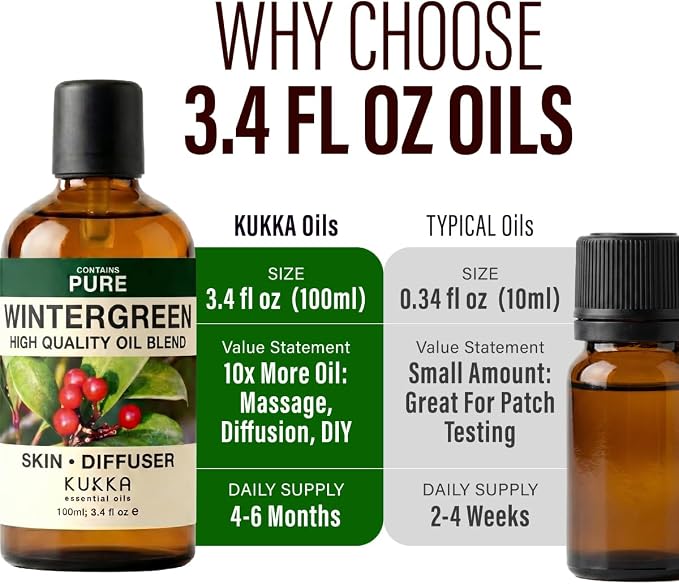 Kukka 100% Pure Wintergreen Essential Oil for Skin, Diffuser, 3.4 Fl Oz | Undiluted Wintergreen Oil for Cooling Massage Blends, Post-Workout Aromatherapy, Diffuser & DIY Soap Making