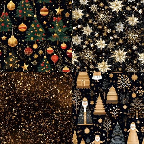 6x6 Scrapbook Paper Pad - Black Gold Christmas 160gsm Heavyweight Cardstock, 24 Pcs Vintage Santa & Reindeer Decorative Paper for Holiday Cards, Junk Journal & DIY Crafts