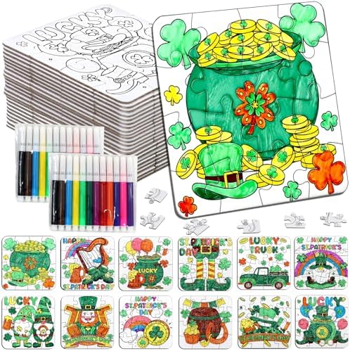 St Patricks Day Crafts for Kids & Adults Bulk, St. Patrick's Day Activities Classroom Gifts, Irish DIY Kits Jigsaw Puzzles with Pot of Gold, Leprechaun Shamrock, March Arts for Party Favors Supplies
