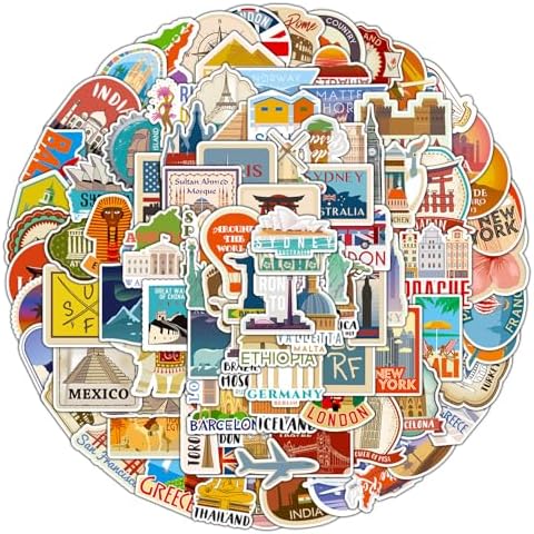 DothRayan 100Pcs World Travel Stickers Pack, Vacation Sticker Famous City Landmark Waterproof Vinyl Travel Luggage Stickers for Water Bottle Laptop Scrapbooking, Aesthetic Vintage Tourism Decals
