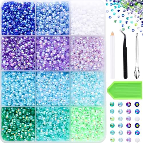 9000Pcs Resin Jelly Rhinestones for Bedazzling 12 Colors 3mm Flatback Cool Tones Gems for Diamond Art, Bedazzler Kit with Tools Perfect for Nail Art Crafting Clothing