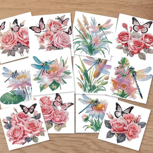 C'eitura 12Pcs Butterfly & Dragonfly Diamond Art Painting Greeting Card Kit with Envelopes, DIY Nature Theme Christmas Birthday Thanksgiving Card Making Set, Garden Inspired Handmade Card Craft