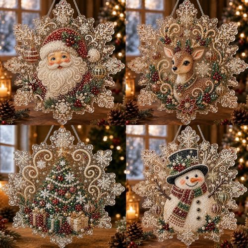 LJSCQF Christmas Pearl Diamond Painting Suncatcher Kit, DIY Craft | Pre-Assembled Metal Chain, Acrylic Snowflake Shape Board with Lace Edge, 3D Mixed-Sized Pearl Beads Craft (Style F, 12IN)