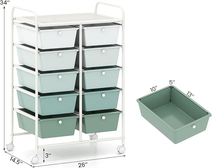 Giantex 10 Drawers Rolling Cart, Classroom Organizers, Storage Cart with Wheels, for Teacher Office Home School Supplies Tool Craft Art Paper, Green Gradient