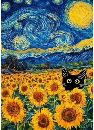 VeGuude Diamond Art Cat Kits for Adults, Full Drill Starry Night Sunflower Diamond Painting Kits for Beginners, DIY Full Rhinestone 5D Diamond dots (Gemstone Craft), Home Wall Decoration (12x16 inch)