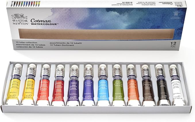 Winsor & Newton Cotman Watercolor Paint Set, 12 Colors, 8ml (0.27-oz) Tubes | Introductory Watercolor made with Fine Art Pigments, Perfect for Beginners, Lightfast & Permanent, Good Tinting Strength