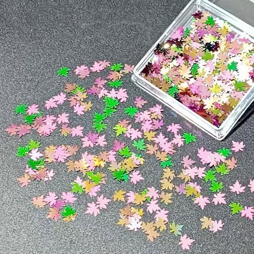 Multicolor Glitter Maple Leaves Sequins Accessories for DIY Journal, Shiny PVC Maple Leaves Confetti for Party Decorations, Mini Leaf Sequins Accessories for Drawing Notebooks.Pink Green Yellow