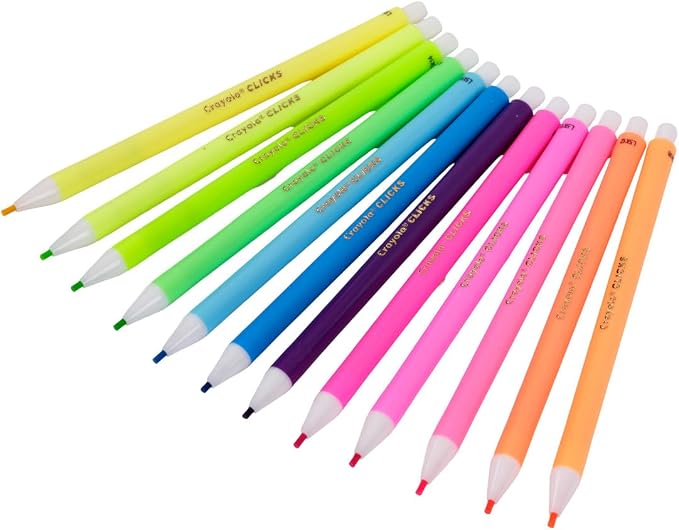Crayola Clicks 2.0mm Mechanical Colored Pencil Set, 12 Neon Colors, Coloring Pencils for Kids, No Sharpen, 24 Replacement Cores, Ages 5+