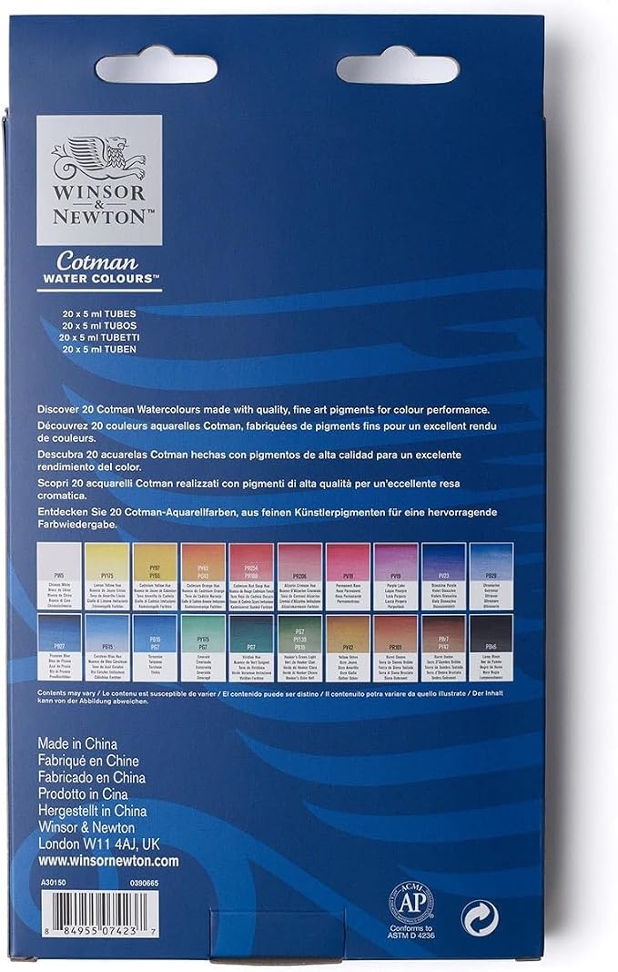 Winsor & Newton Cotman Watercolor Paint Set, 20 Colors, 5ml (0.17-oz) Tubes | Introductory Watercolor made with Fine Art Pigments, Perfect for Beginners, Lightfast & Permanent, Good Tinting Strength