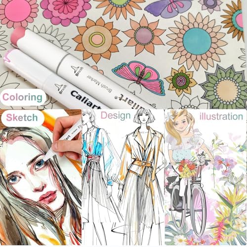 Caliart 61 Colors Alcohol Markers Brush Tip & Fine Pastel Markers for Adult | Permanent Art Pens with Case for Coloring Books, Artists Drawing Beginners Painting Hobbyists Sketch Art Supplies Gifts
