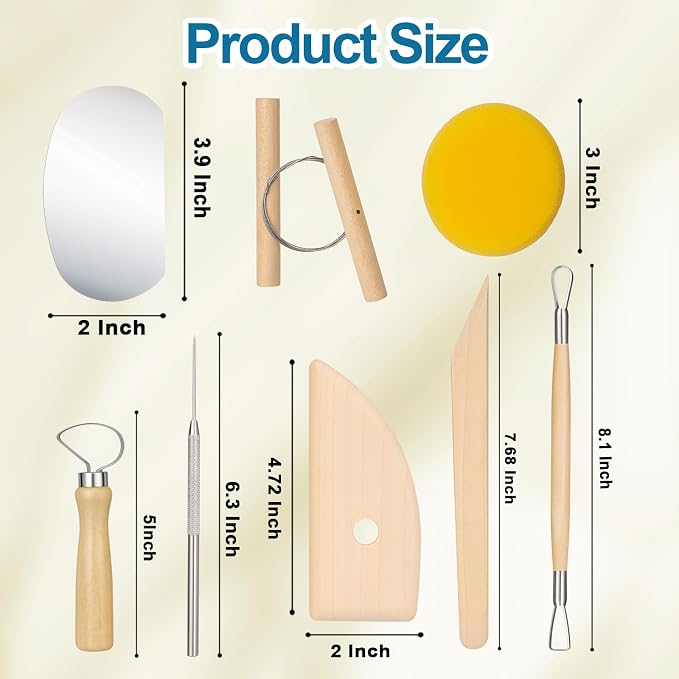 Amrules 8 Pcs Polymer Clay Sculpting Tools Kit for Adults, Light Yellow | Smooth Comfortable Handles, Sturdy Wood & Stainless Steel, Perfect for Beginners, Pottery Lovers & Diy Craft