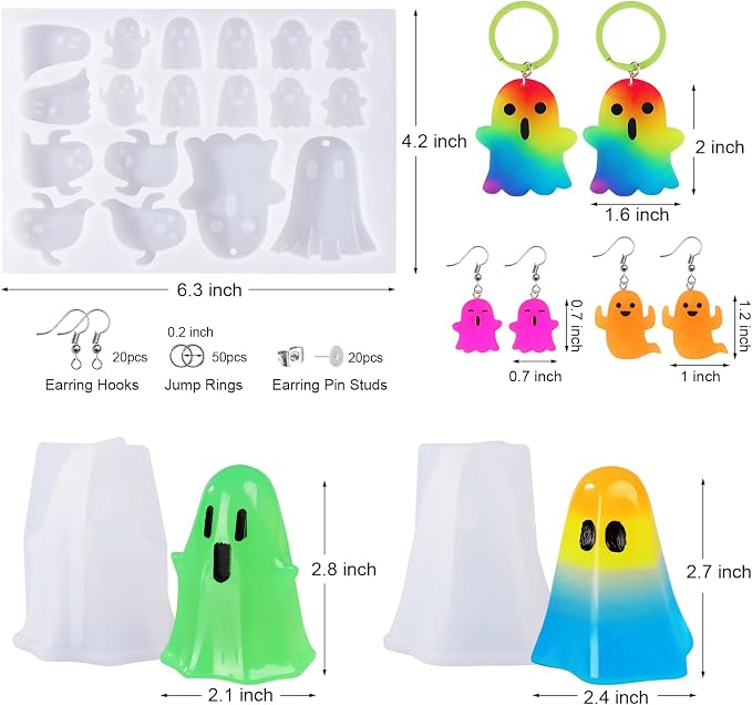 LET'S RESIN Ghost Shape Resin Earring Molds, Silicone Molds for Epoxy Resin | with Earring Accessories, Jump Rings, Epoxy Resin Molds for DIY Keychain, Halloween Decoration, Gifts