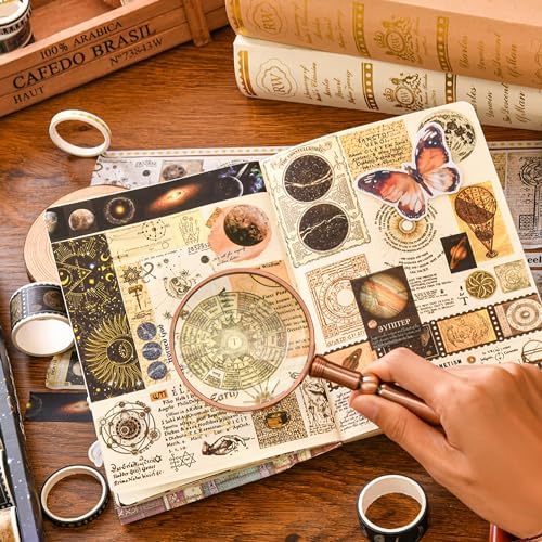 18 Rolls Vintage Washi Tape Pack Retro Arts Adhesive Tapes Wide Monologue Decorative Masking Tape Sets for Craft, Kids, Scrapbook, DIY, Gift Wrapping (Universe Milky Way)