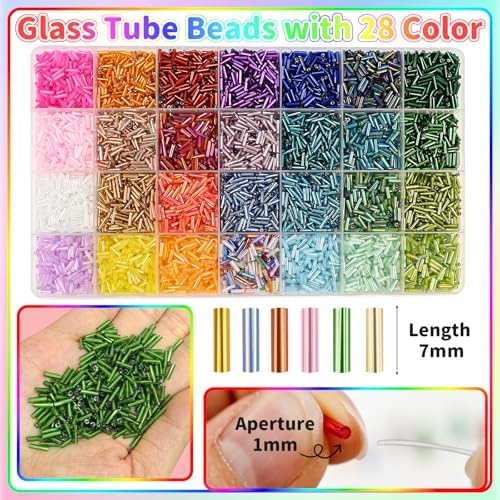Tube Beads Kit, 7 mm Glass Tube Seed Beads 28 Colored Bugle Embroidery Beads Supplies for DIY Crafting Bracelet Necklaces Jewelry Gift Making & Home Decoration