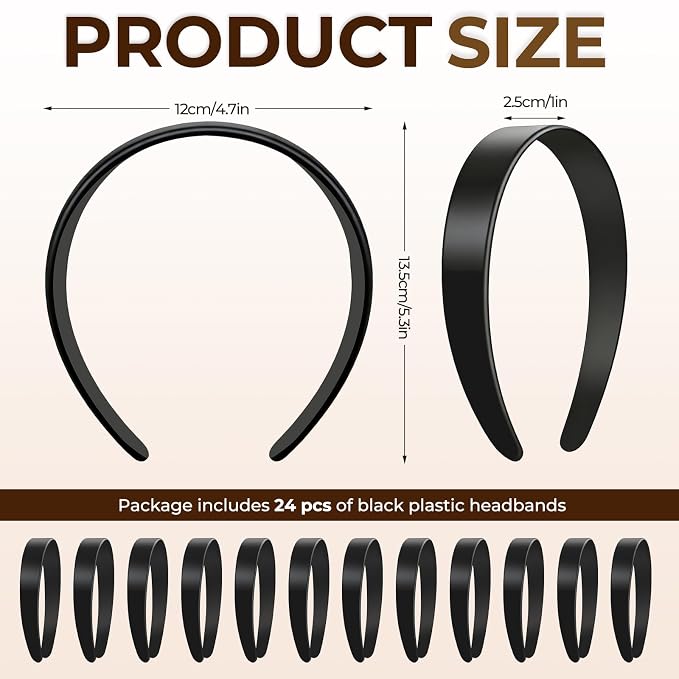 VOKOY 24 PCS Black Plastic Headbands, 1 Inch Wide No Teeth Hair Bands for Girls & Women, Blank DIY Plain Headbands for Crafts