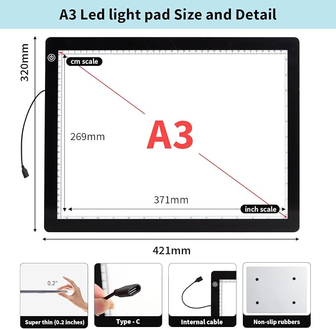 Zocelight A3 Light Pad for Diamond Painting Kit,4800Lux Super Bright 5mm Ultra Thin Diamond Art Light Board with Stand and Clip,3 Levels Dimming Light Box for Artists,Drawing,Sketching,Animation