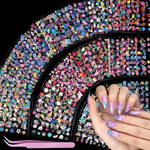 Teenitor 50 Sheets Nail Stickers for Kids, 3D Cute Girls Nail Art Stickers, Heart Flower Butterfly Bow Nail Decals for Nail Art, Fingernail Stickers for Women, Self Adhesive Nail Decorations in Summer