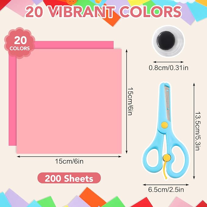20 Colors Origami Paper 6 × 6 In, 200 Sheets Oragami kit for Kids Ages 8-12 | Square Origami Kit, Easy to Fold, Colorful Crafts for Handmade Projects, Folding , Diy Party Decor & Back to School Gifts