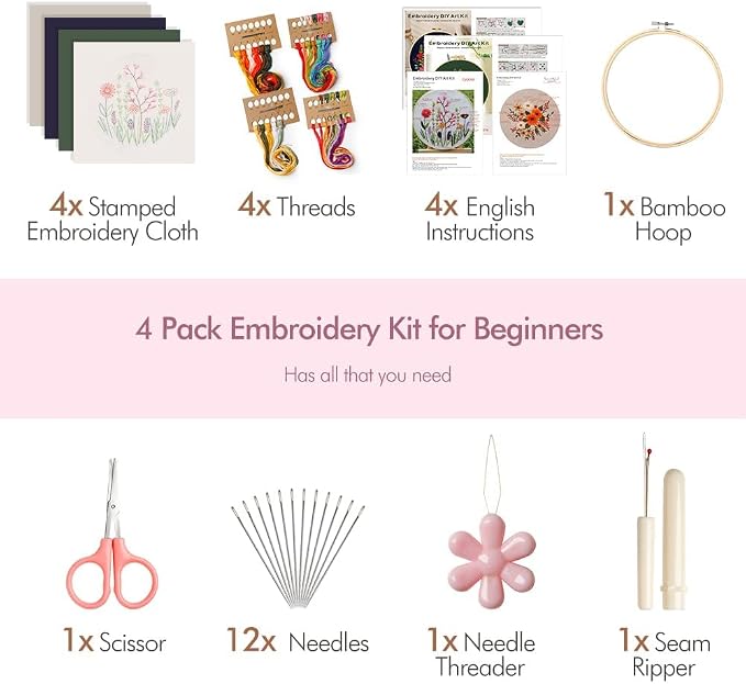 wtisan 4 Pack Embroidery kit for Beginners Cross Stitch Kits for Adults | DIY Needlepoint Kits with Flower Patterns, Embroidery Tools, Threads, Step by Step Instructions, Hand Craft Lover Gift