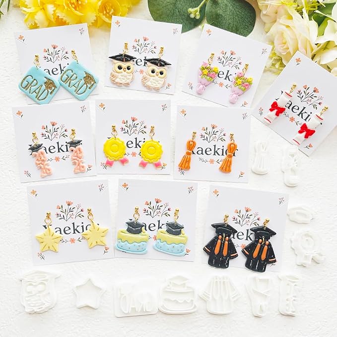 Graduation Polymer Clay Cutters & Stamp Set - 11pcs Sharp & Durable 2026, Owl, Cap, Gown, Diploma, Cake & Star Shapes for DIY Earring Jewelry Making, Soft Clay Crafts & Class Party Supplies