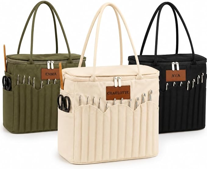 Canvas Yarn Storage Bag with Personalized Name Leather Patch, Large Canvas Yarn Bag for Crochet and Knitting, Crochet Organizer with Multiple Pockets & Yarn Holes, Birthday Gift for Mom Grandma