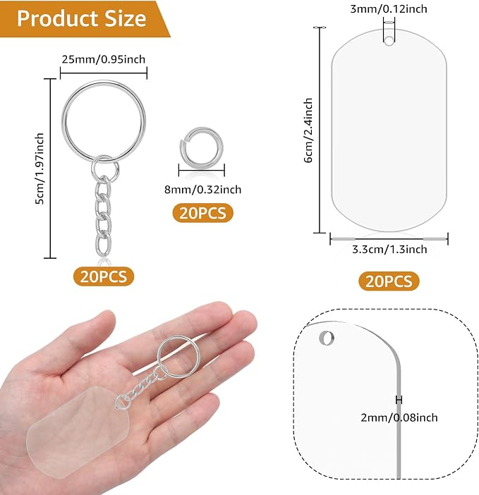 Acrylic Keychain Blanks Clear Ornament Blanks Set About 20 Clear Keychain Blanks with Hole 20 Key Rings with Chains and 20 Open Jump Rings for Vinyl DIY Keychain Crafts Jewelry Labels Gifts Packaging
