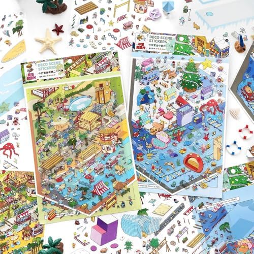 2 Sets DIY 2.5D Scene Stickers – Snow & Sunset Resort Miniature Landscape Stickers for Adults, Scrapbooking, Journaling, Stress Relief & Creative DIY Crafts