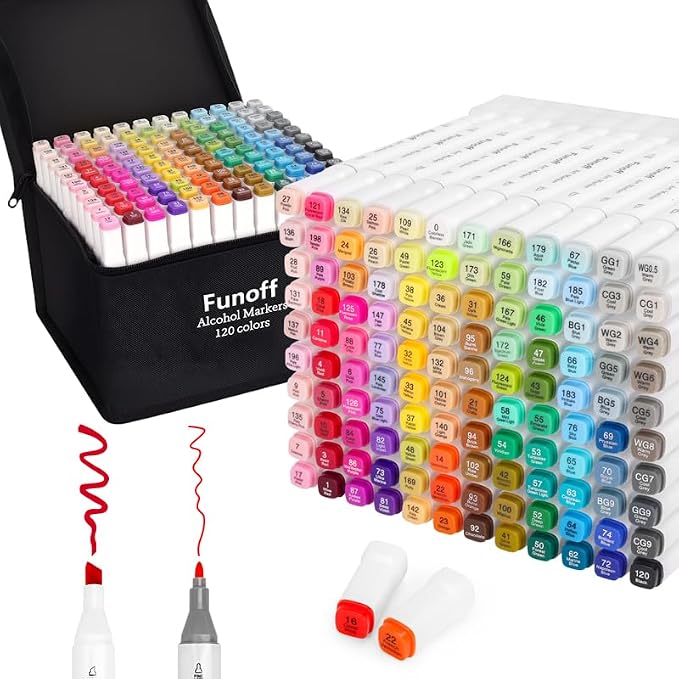 Funoff Alcohol Markers 120 Colors Fine & Chisel Dual Tip Art Marker Set | Permanent Coloring Markers with Carrying Case for Adult Coloring Drawing Sketching Illustration