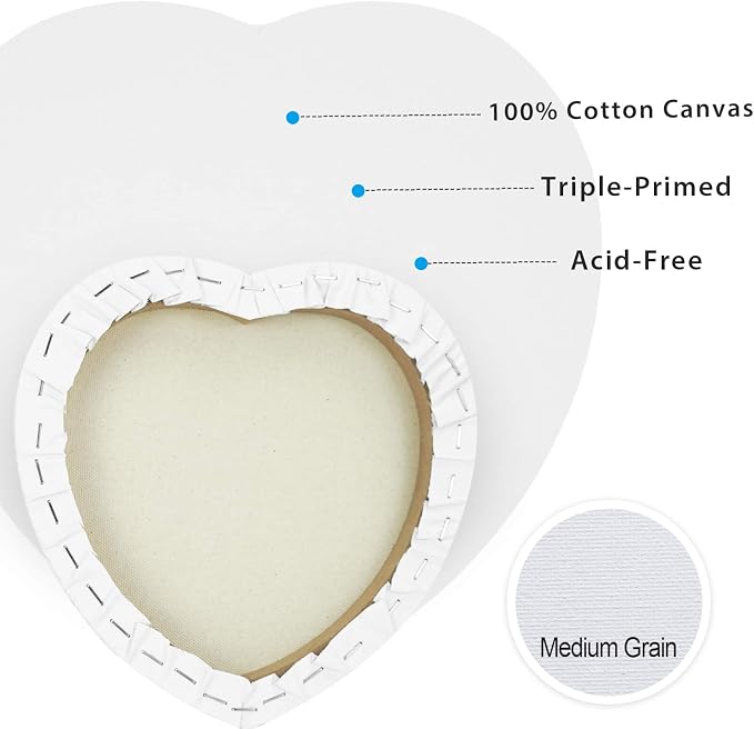 PHOENIX Heart Canvases for Painting - 8, 10, 12 in (2 of Each) - 100% Cotton 10 Oz Triple Primed White Blank Acid-Free Artist Shaped Stretched Canvas for Oil, Acrylic Painting Decoration