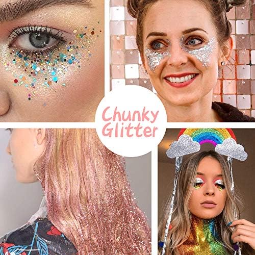 45 Holographic Chunky Sequins & Fine Powder Glitter Mix, Iridescent Glitter Flakes for Face, Body, Eye, Nail Art & Resin Epoxy