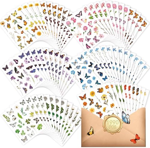 1990 PCS PVC Flower & Butterfly Stickers, Self-Adhesive Nature Floral Stickers for Scrapbook, Laptop, Journal, DIY Project, Spring-Themed Party Decors