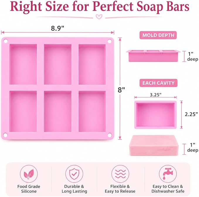 Old Fashion Soap Bar Mold Silicone 2 Pack – Rectangle 6 Cavity Soap Making Mold for Homemade Soap Bars (Flexible Nonstick Easy Release)