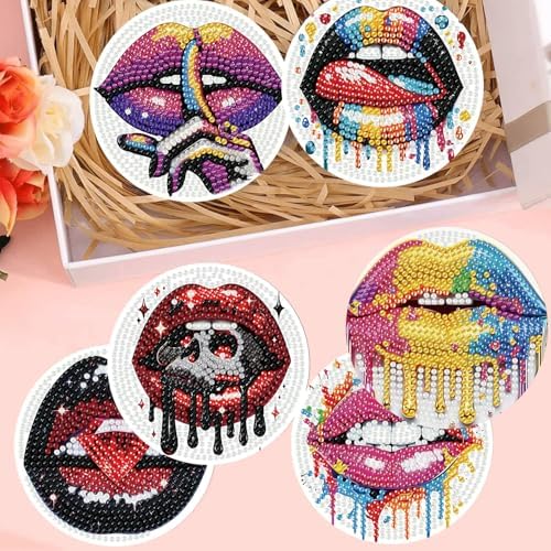 8 Pack Diamond Art Coasters,Sexy lips Diamond Painting Coasters Kits