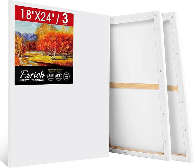 ESRICH Stretched Canvas for Painting 18x24 Inch, 3Pack Large Canvas for Painting, Triple Primed Acid-Free Cotton Blank Canvases for Oil, Acrylic, Watercolor & Gouache for Paint Parties, Art Classes